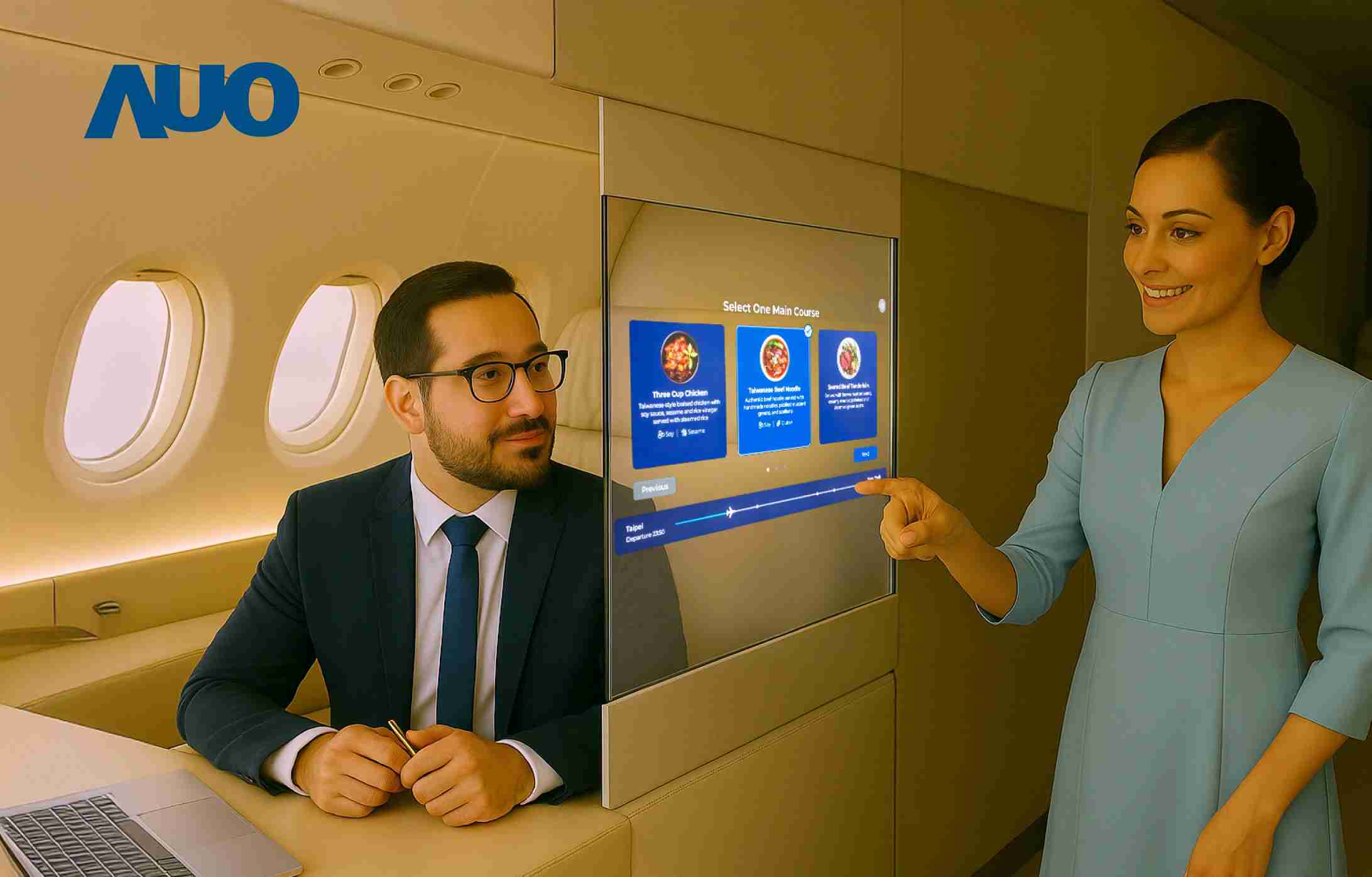 巨星国际研发全球最薄17.3 吋双面透明 Micro LED 显示器，，，，可在同一屏幕之双边投射不同信息，，，，创造独特的”透明化”互动；图为实时翻译交流应用情境